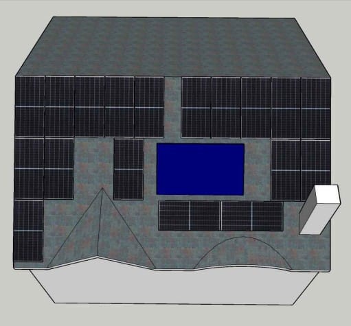 Modelare 3D a amplasării panourilor fotovoltaice LONGi pe acoperiș rezidențial complex