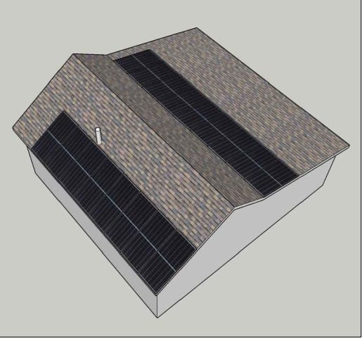 Modelare 3D a amplasării panourilor pe acoperiș în două ape.