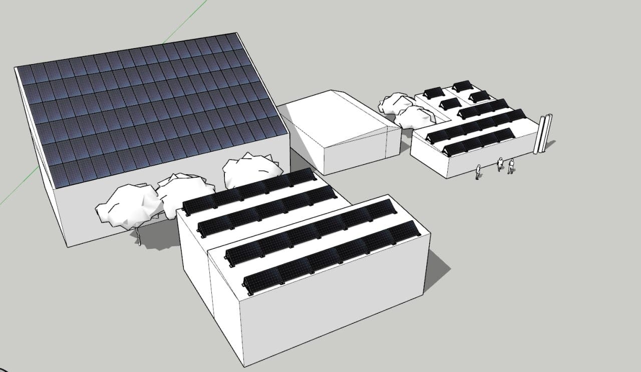 3D proiect Centrală fotovoltaică comercială de 82 kW instalată pe acoperișul "Creativ Nord" în Moldova de către echipa E-Prime. Vedere aeriană a panourilor solare premium instalate cu precizie inginerească.