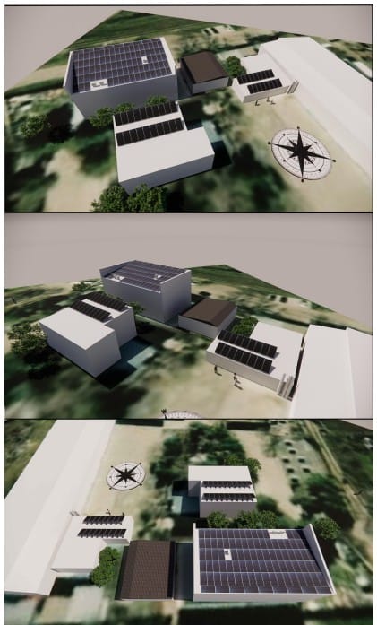 3D proiect Centrală fotovoltaică comercială de 82 kW instalată pe acoperișul "Creativ Nord" în Moldova de către echipa E-Prime. Vedere aeriană a panourilor solare premium instalate cu precizie inginerească.