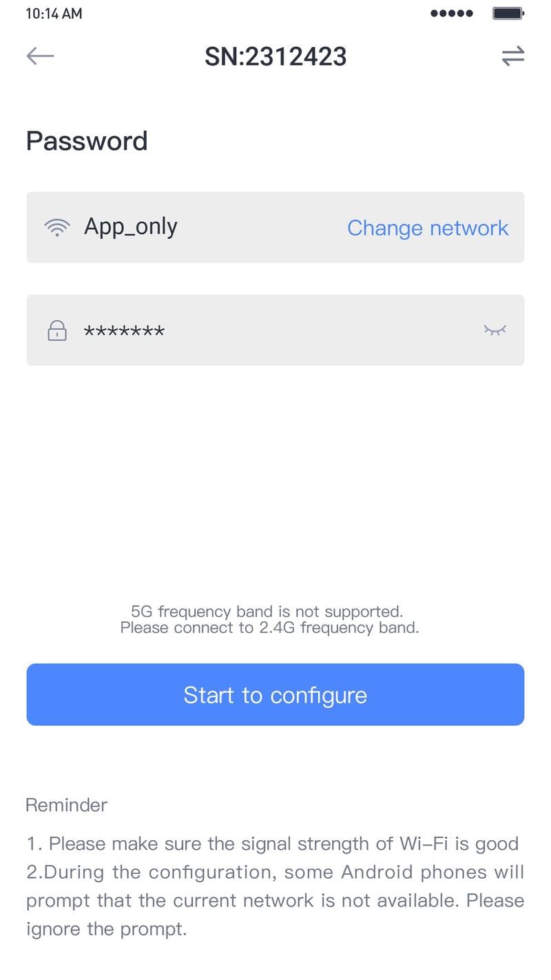 Ввод пароля вашей сети Wi-Fi и кнопка Start to configure