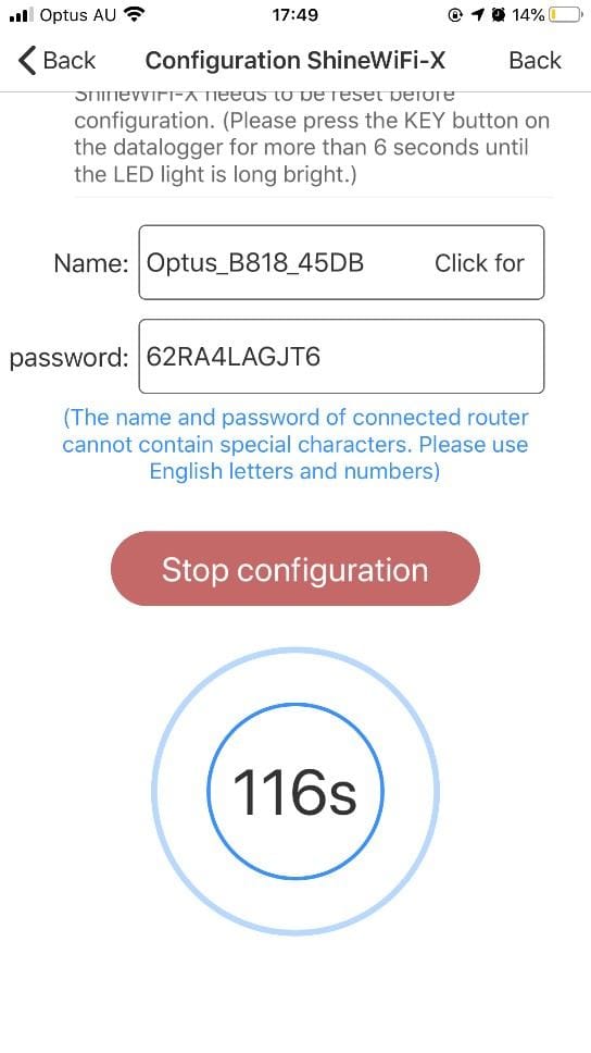 Экран настройки в ShinePhone: имя сети, пароль и обратный отсчёт