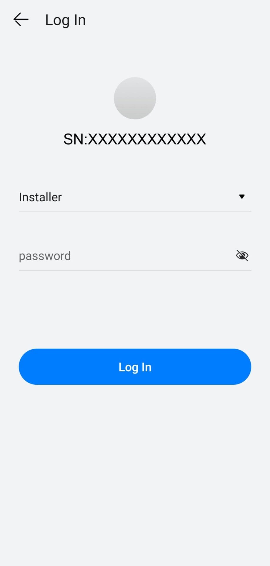 Экран входа: роль Installer и пароль